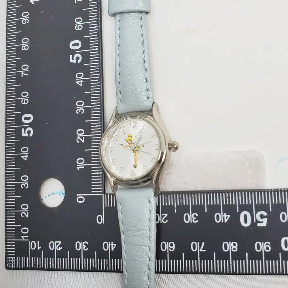Disney Tinker Bell Round Silver Analog Watch Blue Leather Band Women's